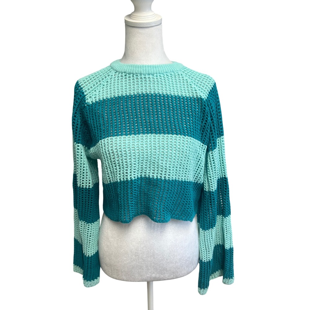 Zara Sweater Women Sz XS Teal Green Striped Open Knit Crochet Cropped Boho Y2K